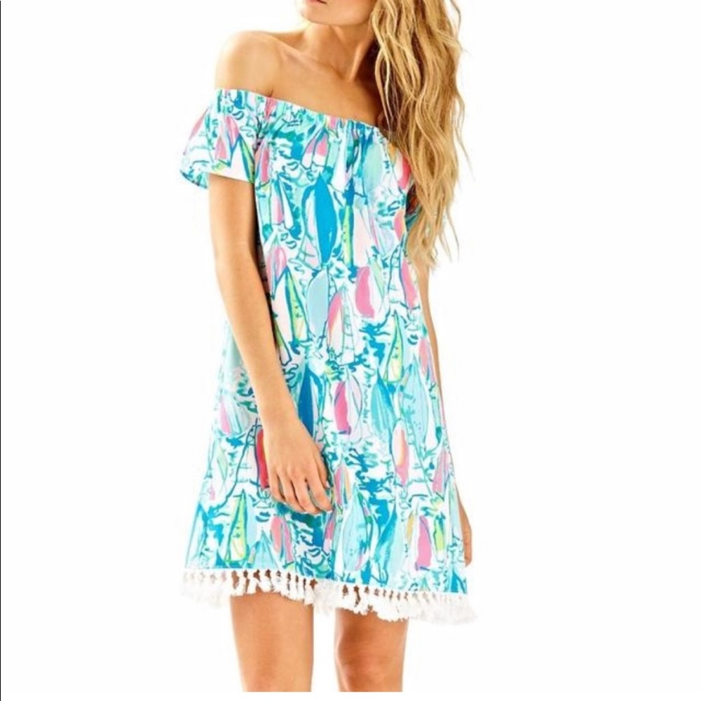 Lilly Pulitzer off the shoulder dress with tassels